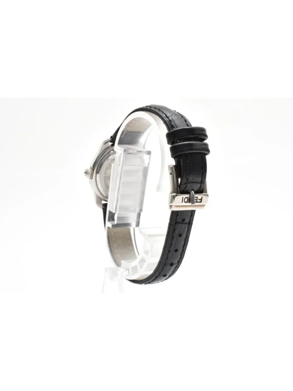 Fendi Quartz Watch Gray Dial Roman Numeral Date Stainless Steel Black Leather
